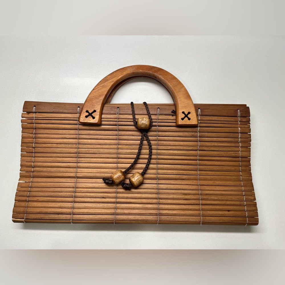 Vintage Collapsible Bamboo Wood Slatted Double Handle  Purse Handbag